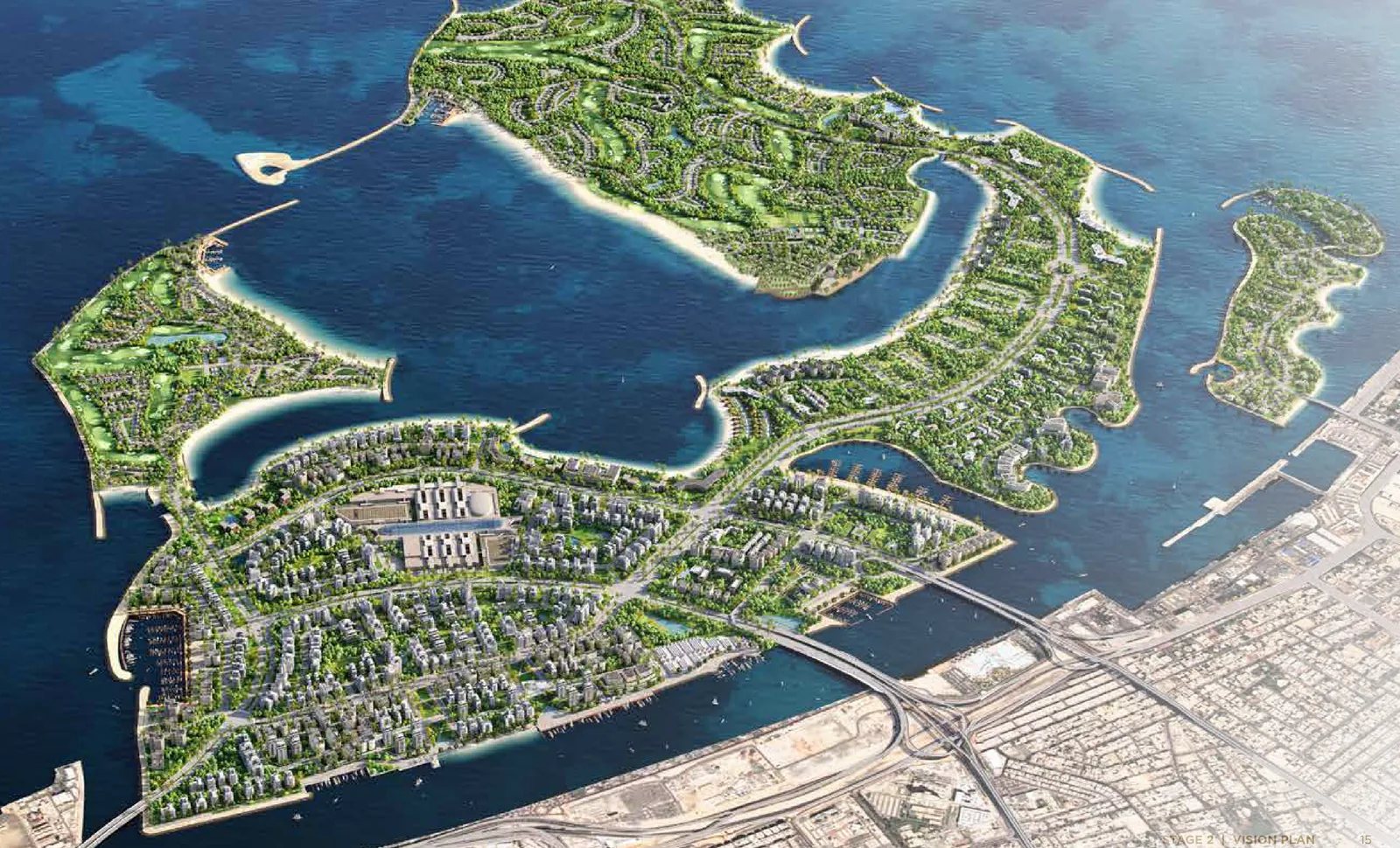 הדמיה אווירית של Dubai Islands מדרום־מזרח: חמשת האיים, התעלות ביניהם והחיבור לחוף דיירה