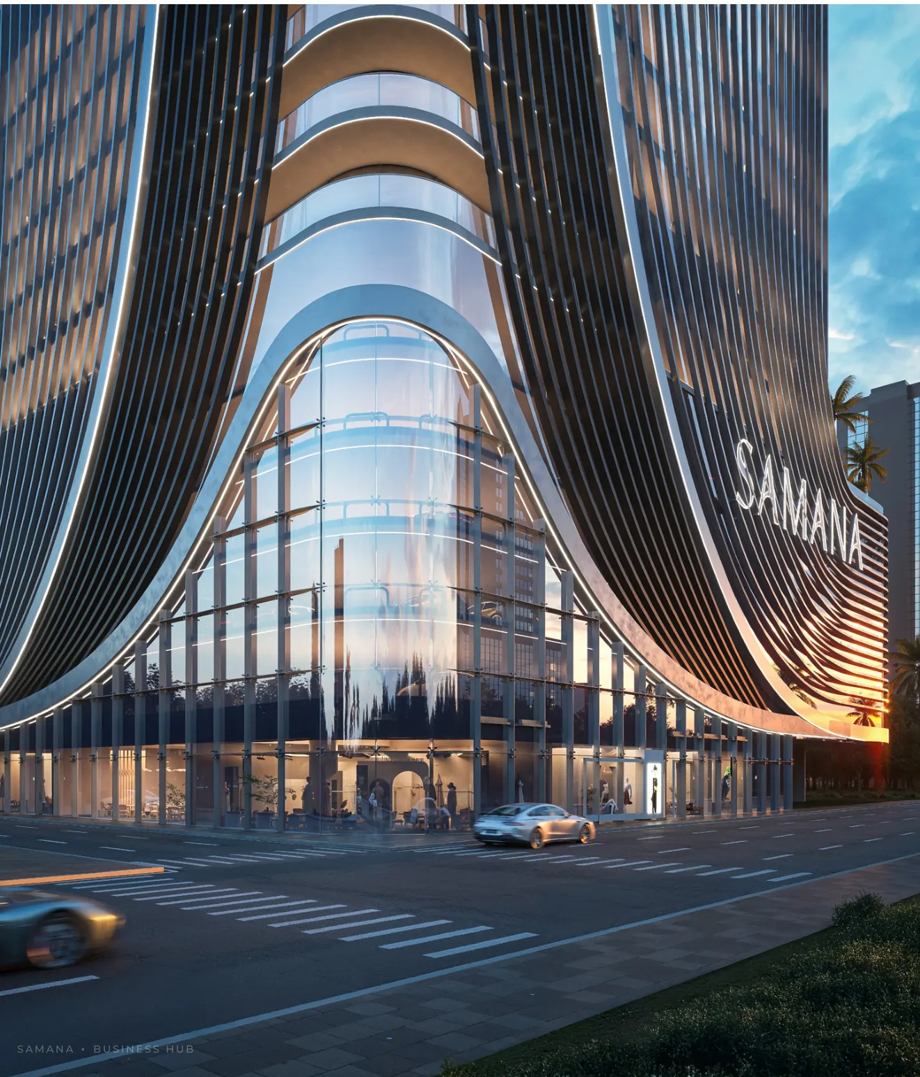 SAMANA Business Hub — החזית המעוגלת בכניסה